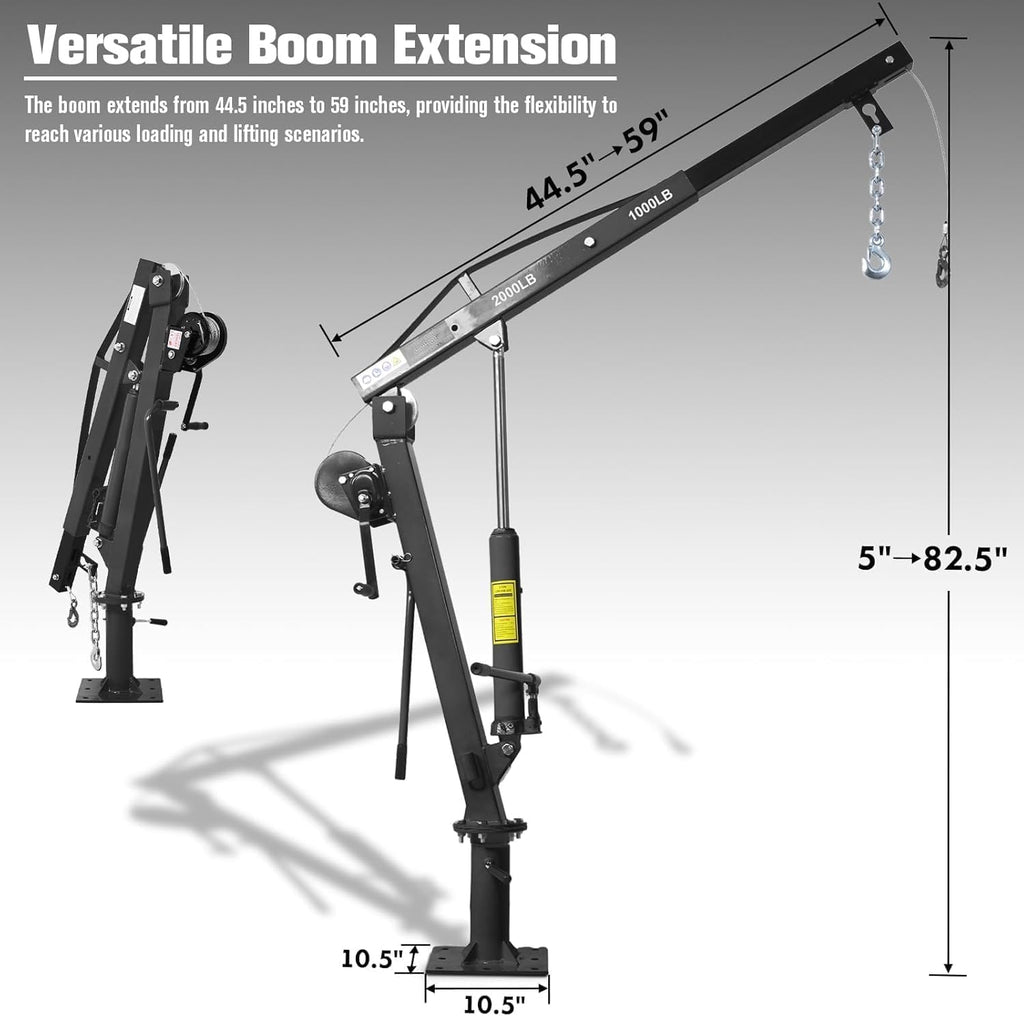 Hydraulic Pickup Truck Crane with Hand Winch, 2000 lb Capacity, 360° Rotation, Black K54541