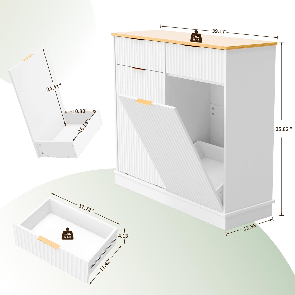 20 Gallon Double Tilt Out Wooden Trash Can Cabinet with Storage Drawers F73952