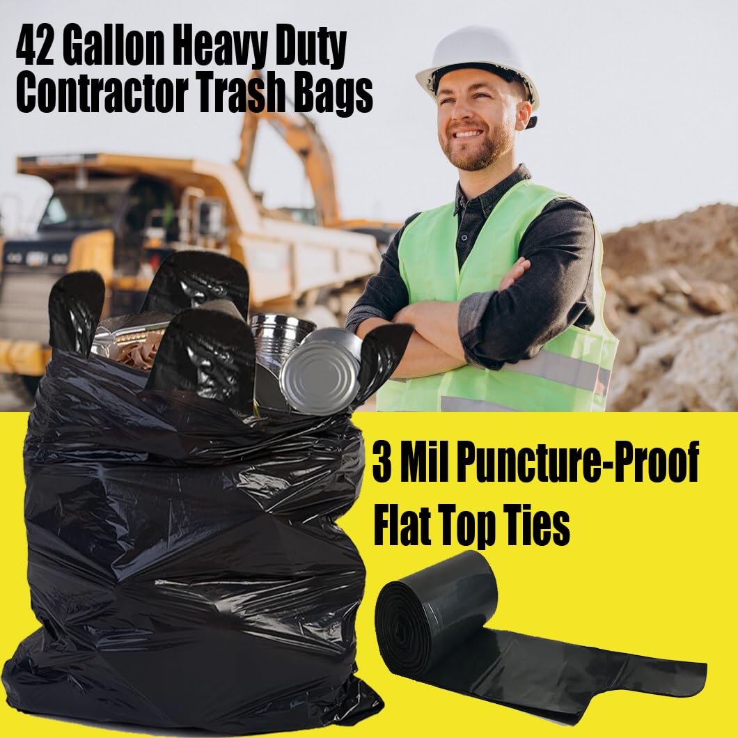 Heavy Duty 42 Gallon 10 Count 3 MIL Black Flap Tie Trash Bags L418860