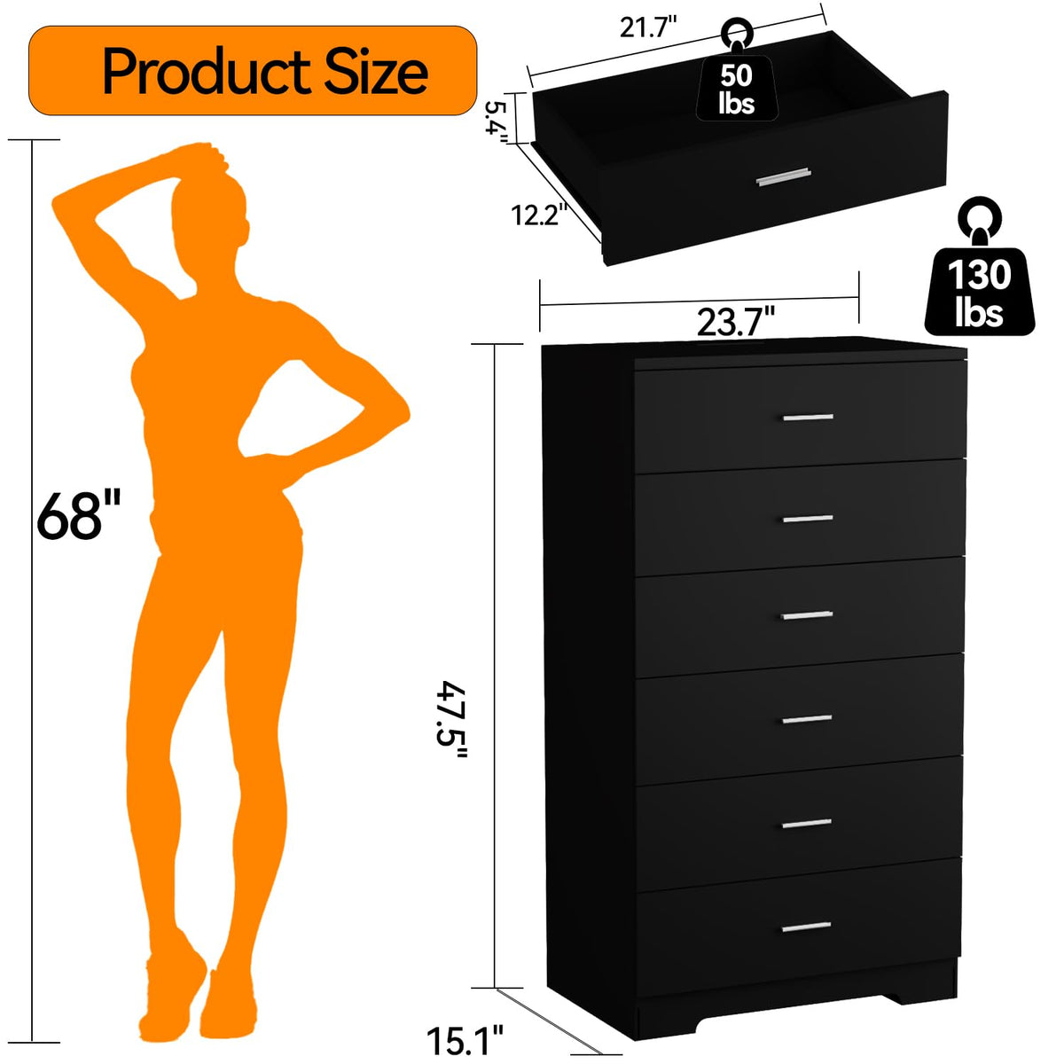 Black 6 Drawer Wood Dresser with Power Outlets H81819