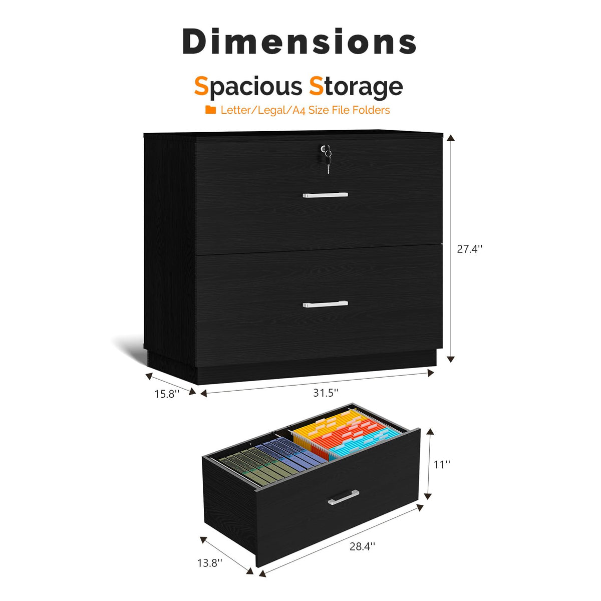 Black 2 Drawer Wood Lateral File Cabinet with Lock E387