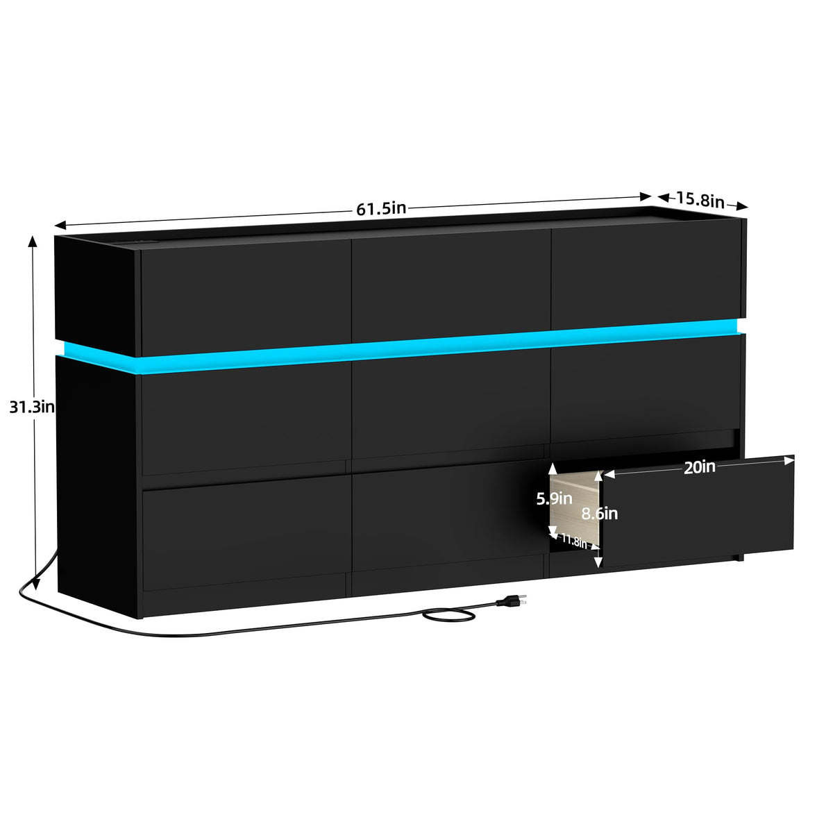 Black 9 Drawer Dresser with Charging Station and LED Lights Q105042