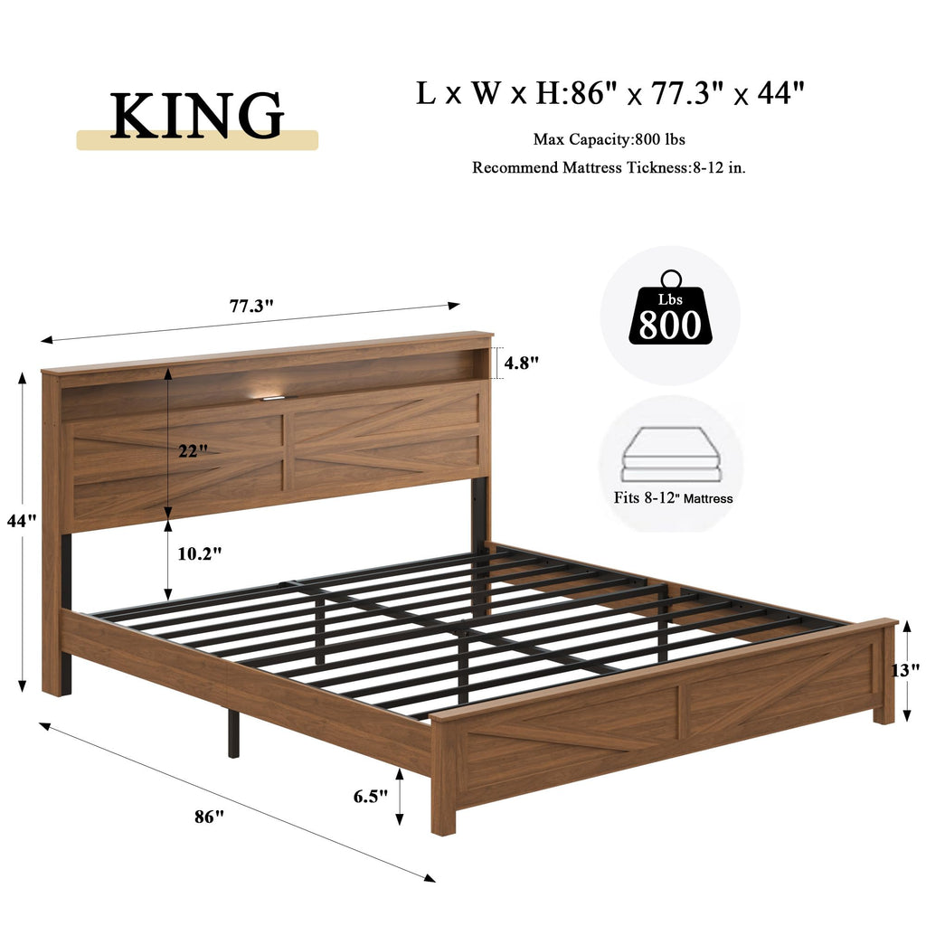 King Size Farmhouse Wooden Bed Frame with Storage Headboard T694