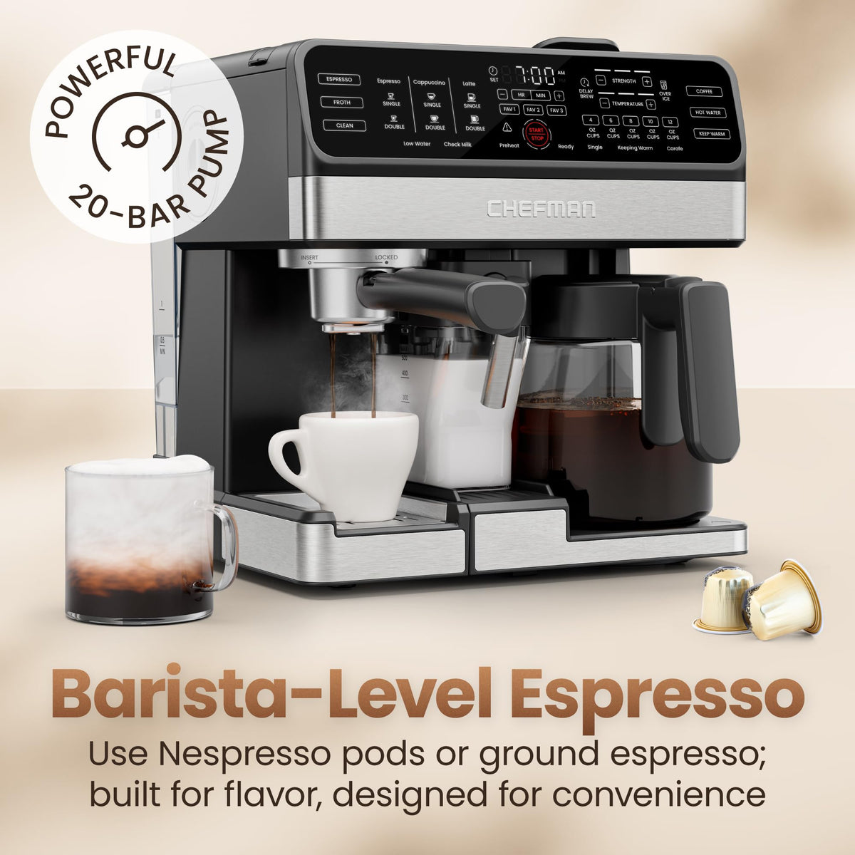 8-in-1 Espresso Machine with Milk Frother, 12-Cup Carafe, Black E900