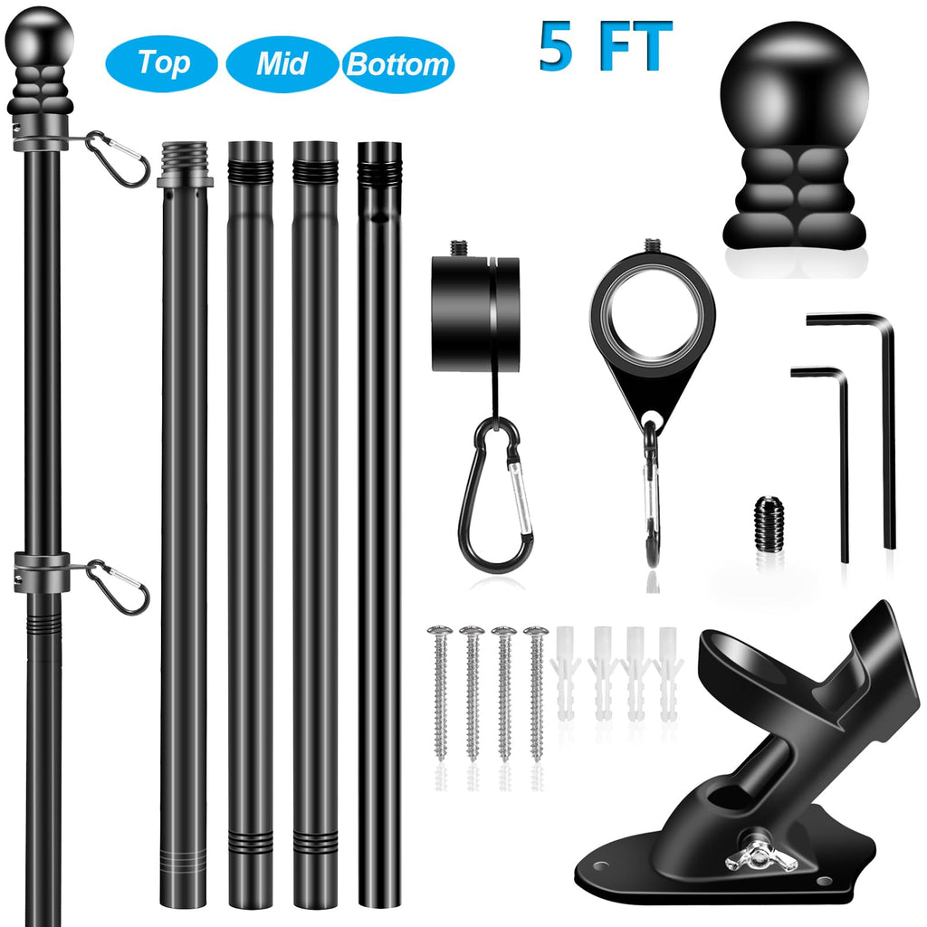 Black 5 FT Stainless Steel Wall Mount Flag Pole Kit H9714