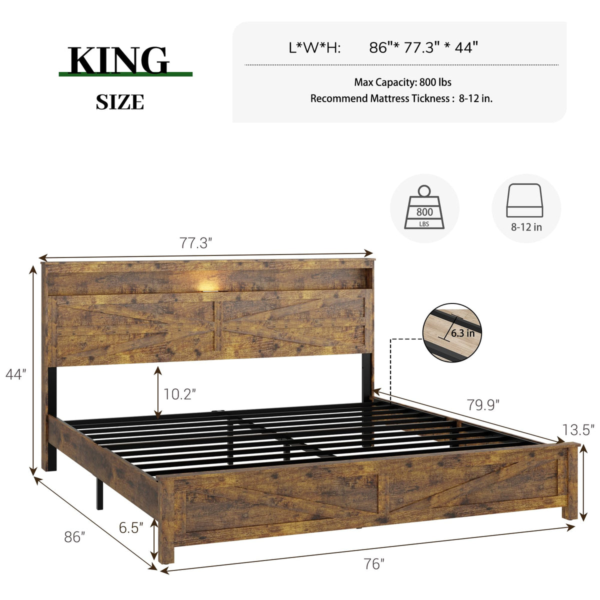 King Size Wood Bed Frame with Headboard R734256