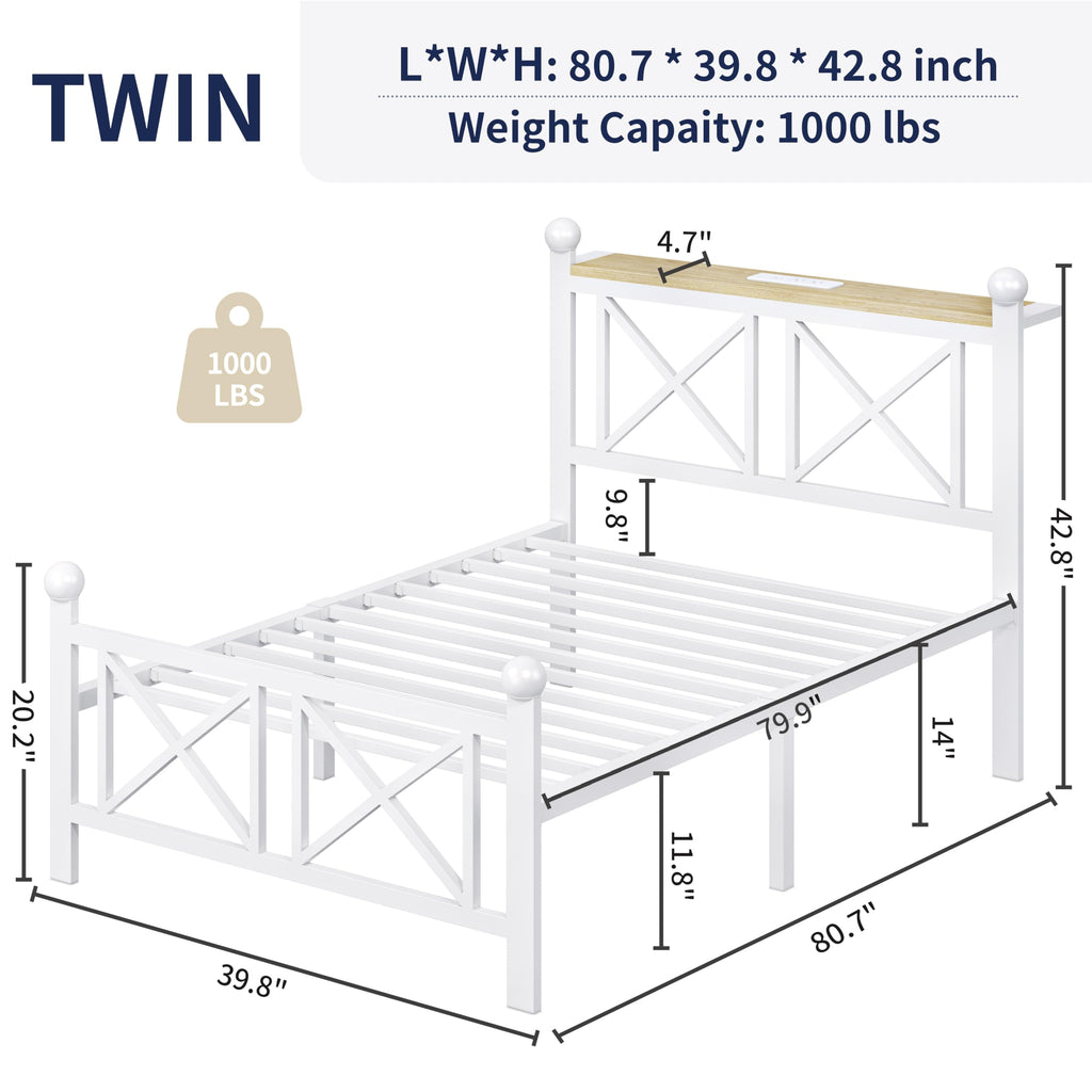 White Twin Bed Frame with Headboard and Footboard W8471