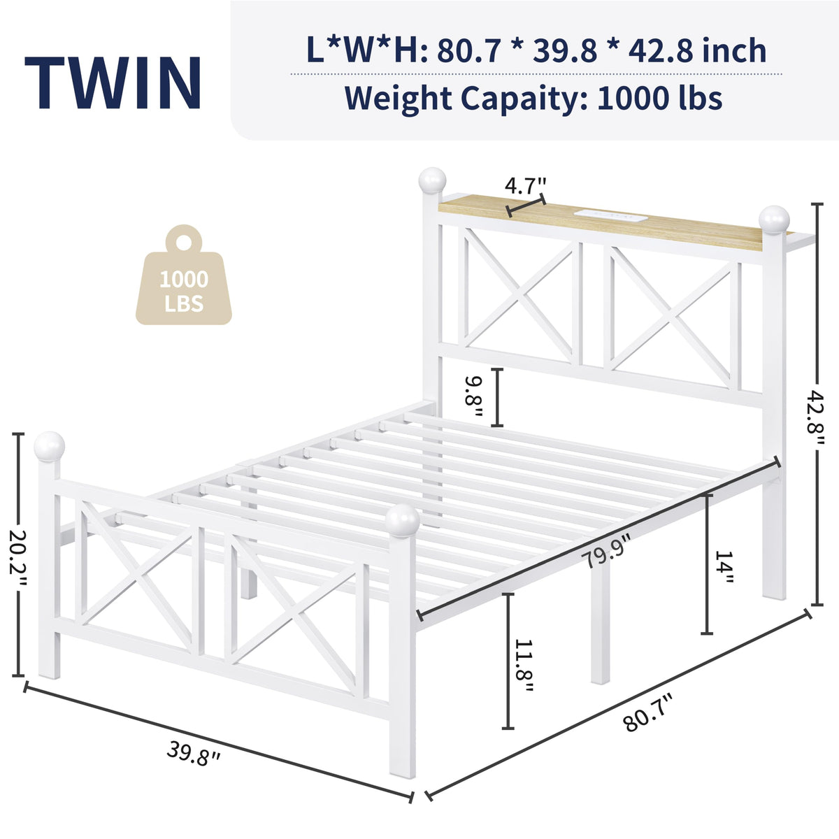 White Twin Bed Frame with Headboard and Footboard W8471
