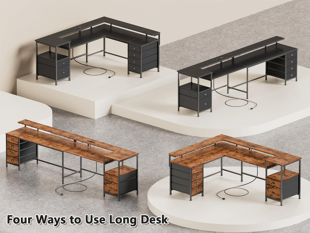 66'' L Shaped Gaming Desk with 6 Drawers, LED, Outlets, Black M9903