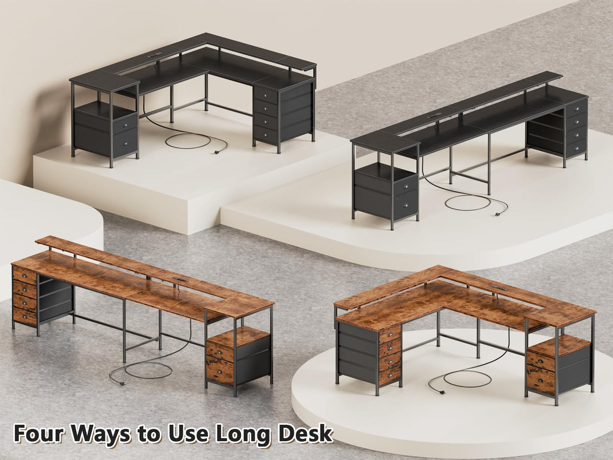 66'' L Shaped Gaming Desk with 6 Drawers, LED, Outlets, Black M9903