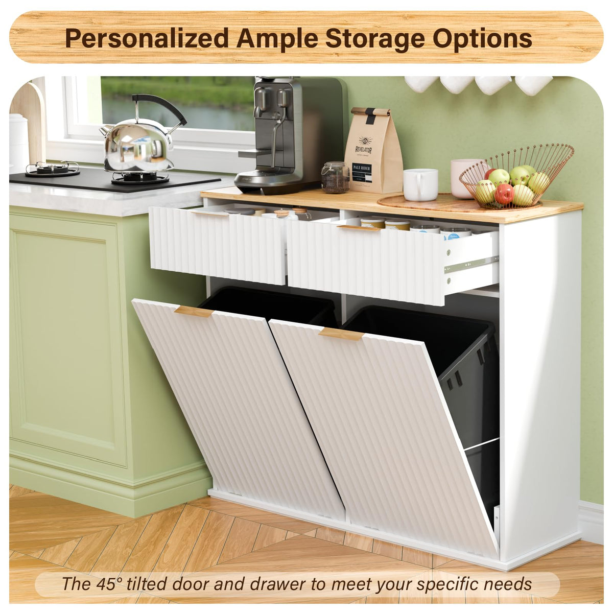20 Gallon Double Tilt Out Wooden Trash Can Cabinet with Storage Drawers F73952