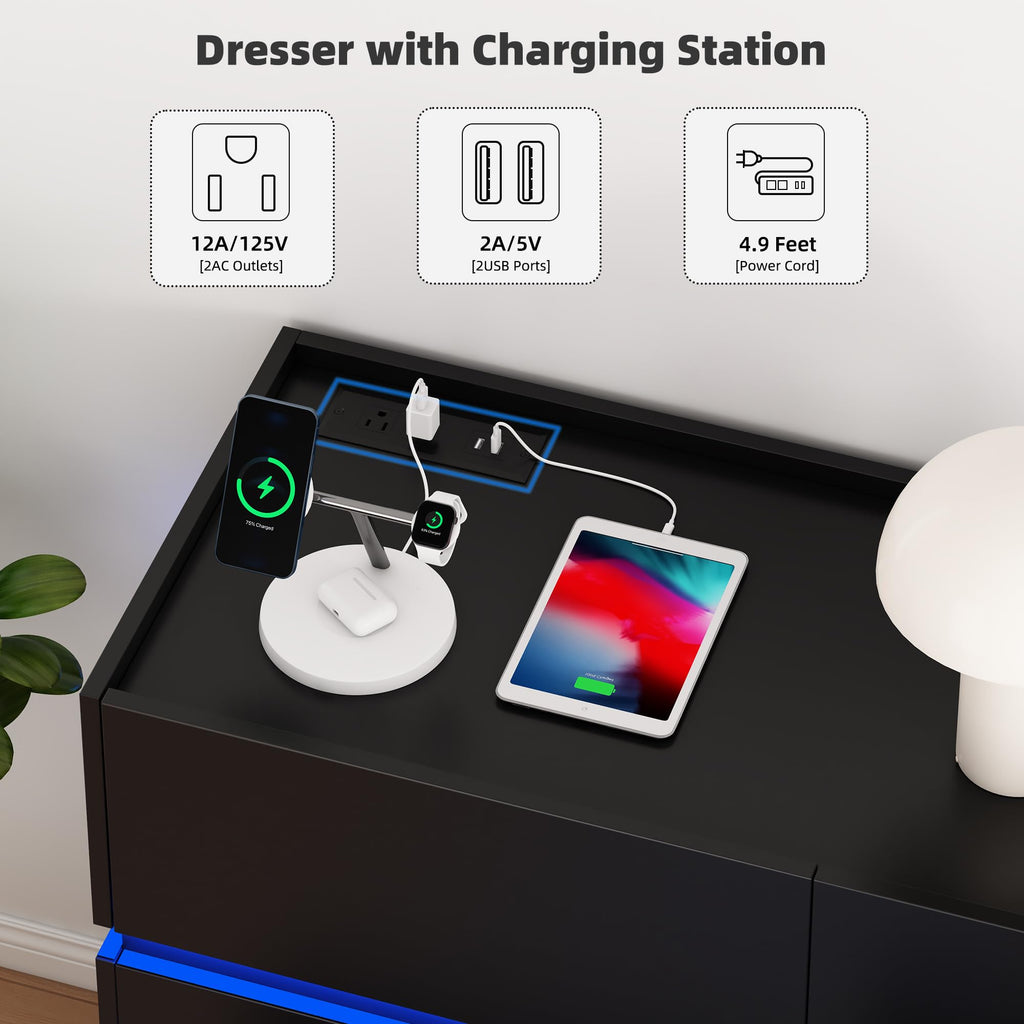 Black 9 Drawer Dresser with Charging Station and LED Lights Q105042