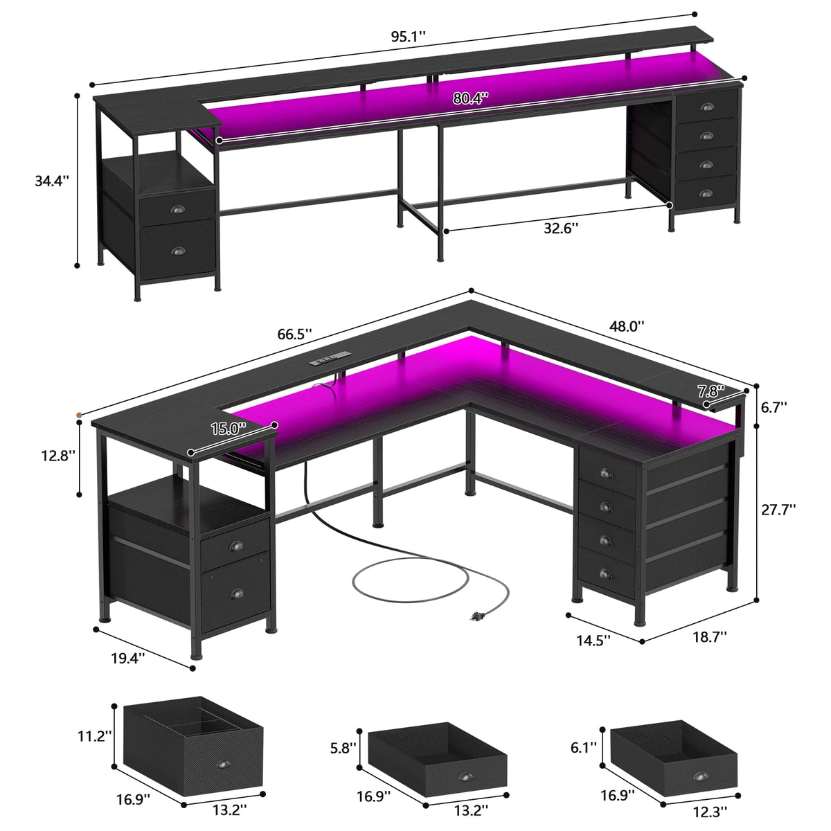 66'' L Shaped Gaming Desk with 6 Drawers, LED, Outlets, Black M9903
