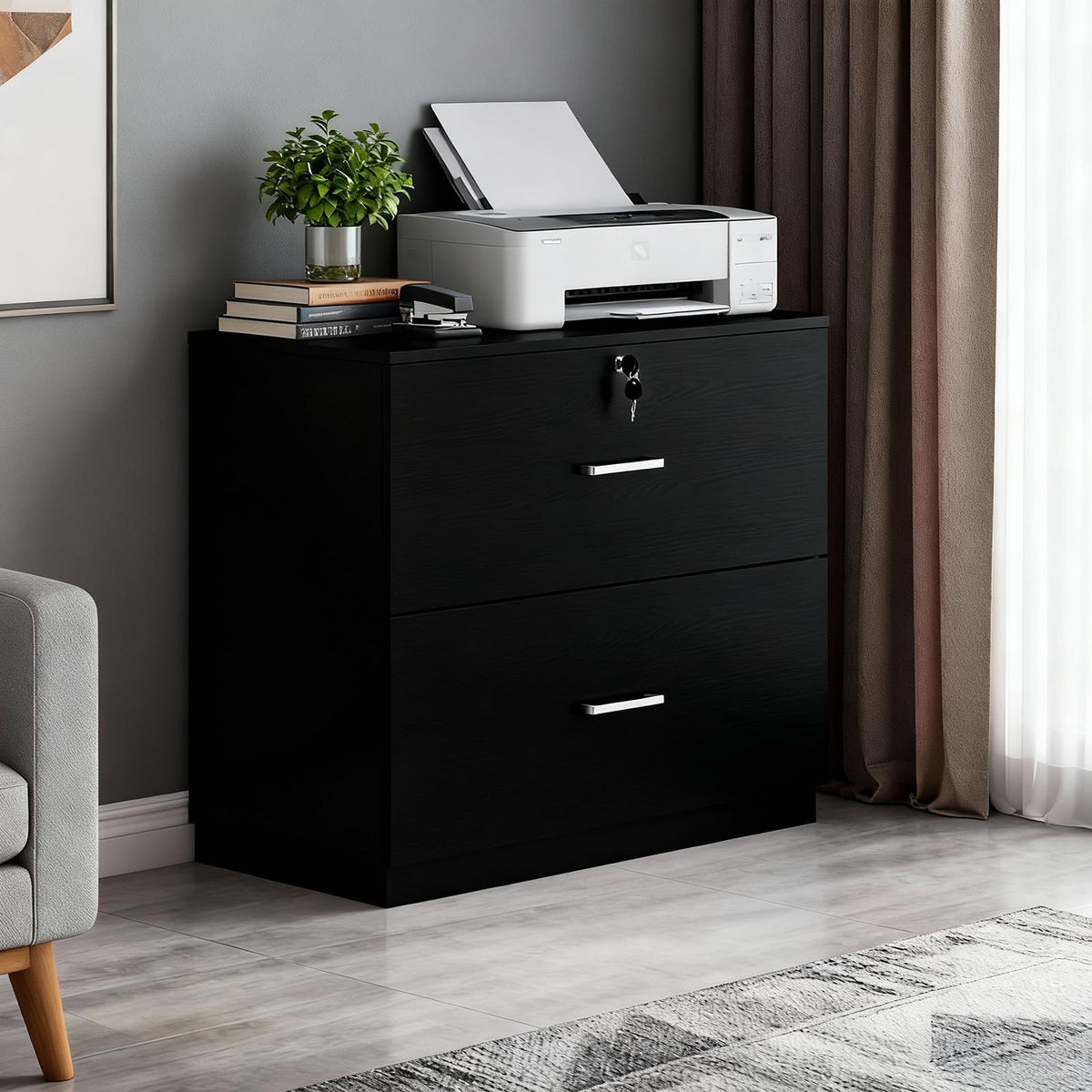Black 2 Drawer Wood Lateral File Cabinet with Lock E387