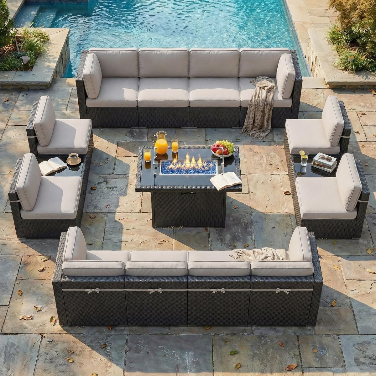 15 Piece Wicker Rattan Patio Furniture Set with Fire Pit Table B204