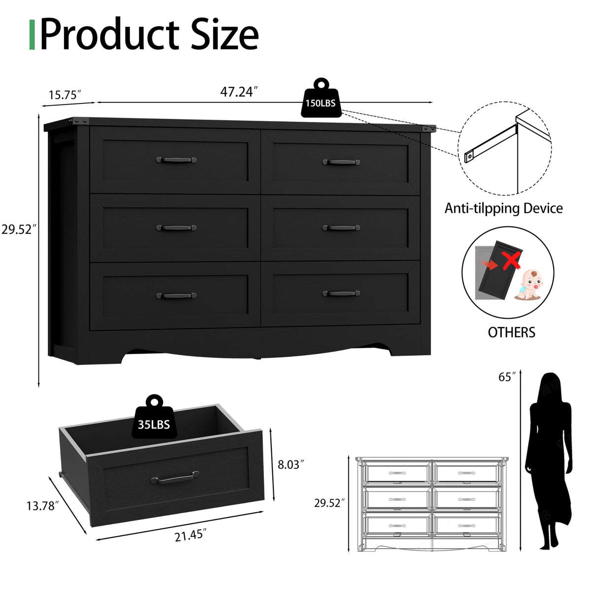 Black 6 Drawer Wood Dresser D361358