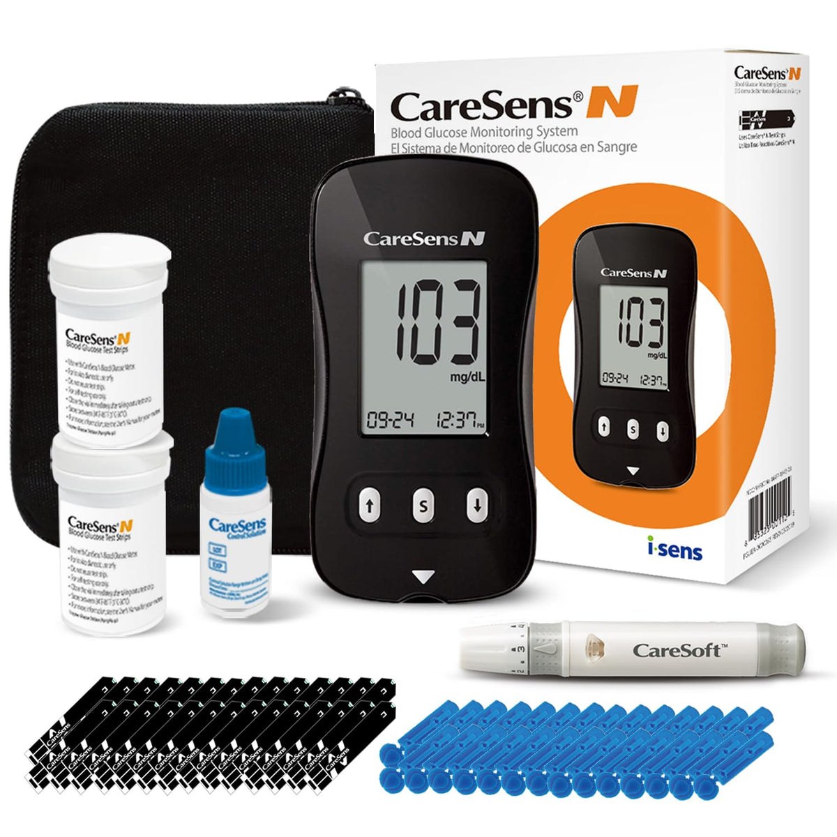 Blood Glucose Monitor Kit with 100 Test Strips, 100 Lancets, Lancing Device, Control Solution, Travel Case P986258