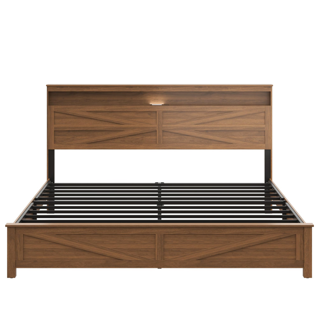 King Size Farmhouse Wooden Bed Frame with Storage Headboard T694