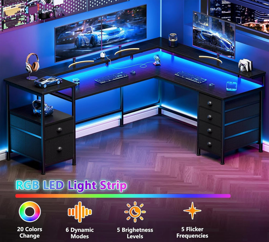 66'' L Shaped Gaming Desk with 6 Drawers, LED, Outlets, Black M9903