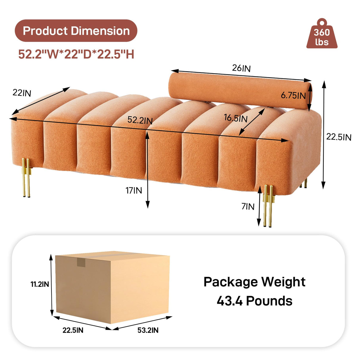 Orange Velvet Bench Ottoman H16215