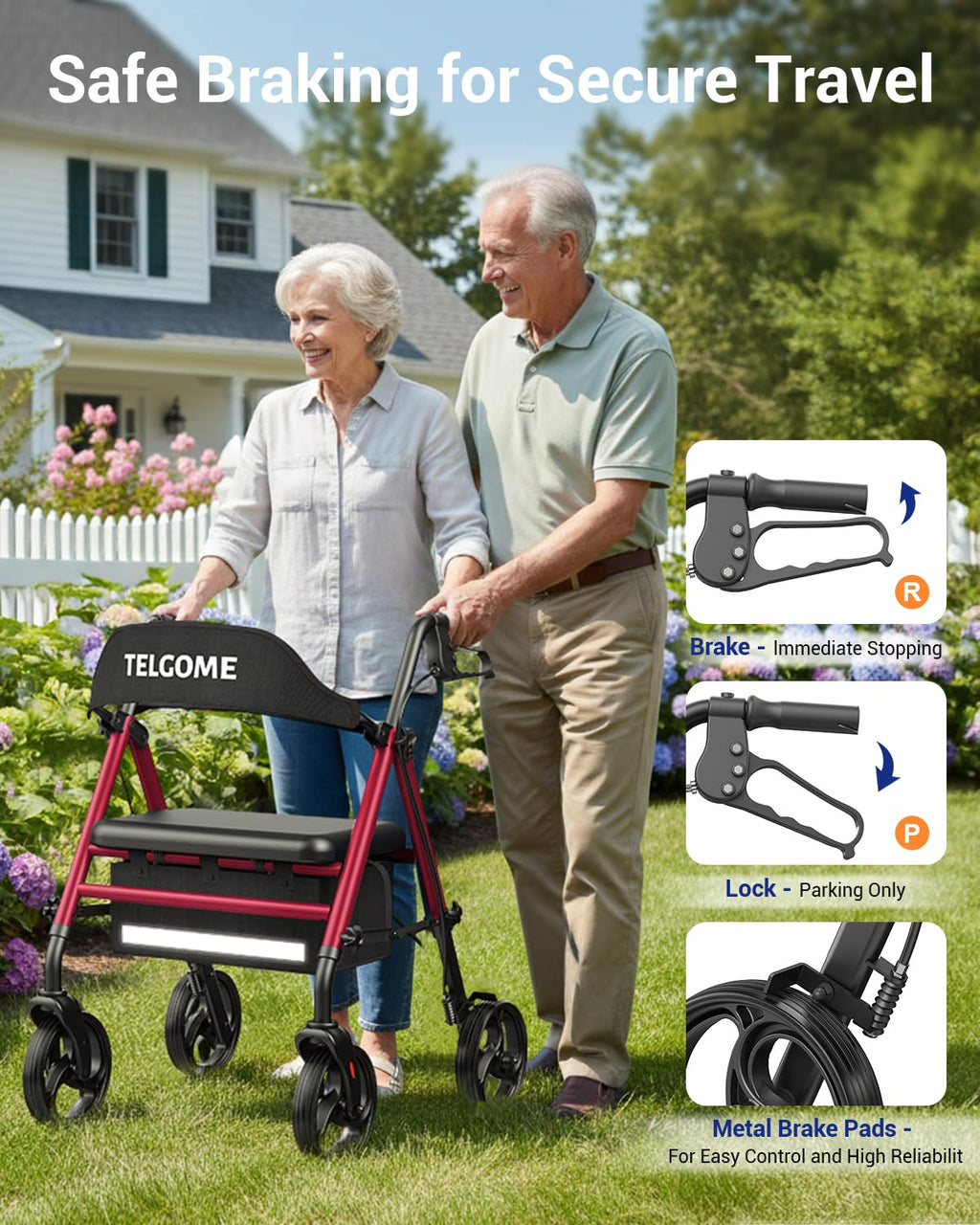 Red 350 lb Capacity Foldable Rollator Walker with Seat S499
