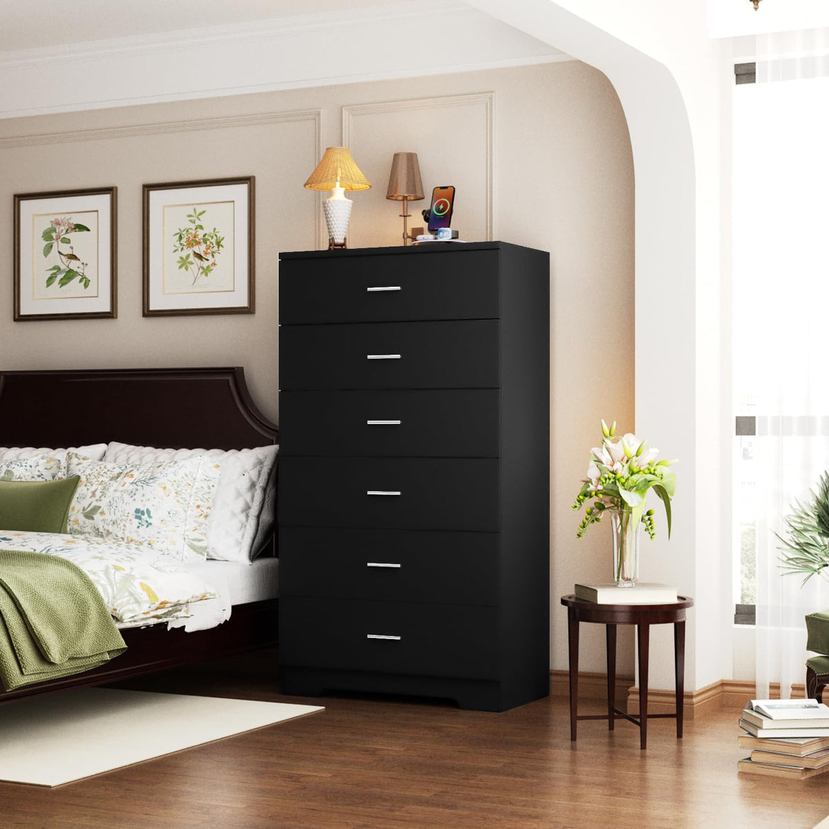 Black 6 Drawer Wood Dresser with Power Outlets H81819