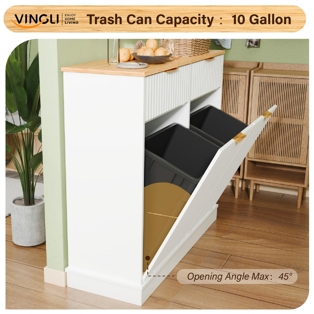 20 Gallon Double Tilt Out Wooden Trash Can Cabinet with Storage Drawers F73952