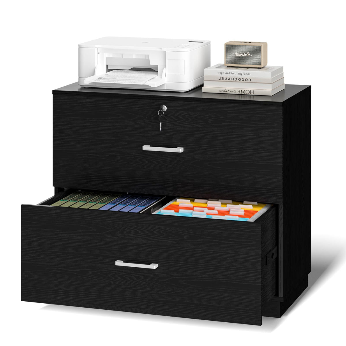 Black 2 Drawer Wood Lateral File Cabinet with Lock E387