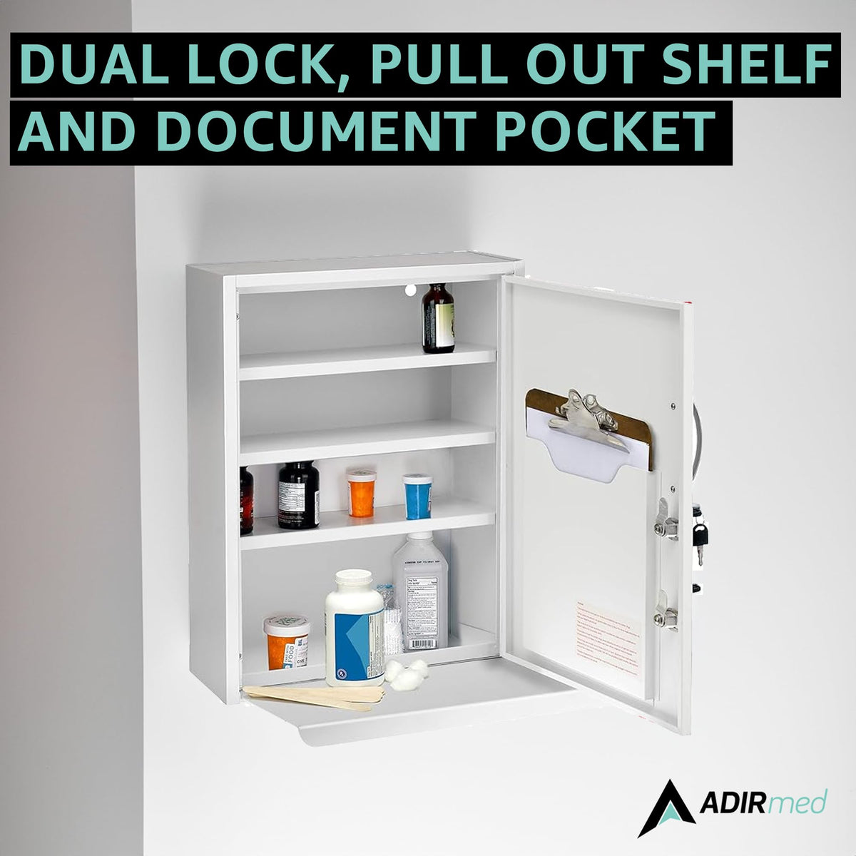 White Locking Metal Wall Mounted Medication Cabinet with Document Pocket Y11097