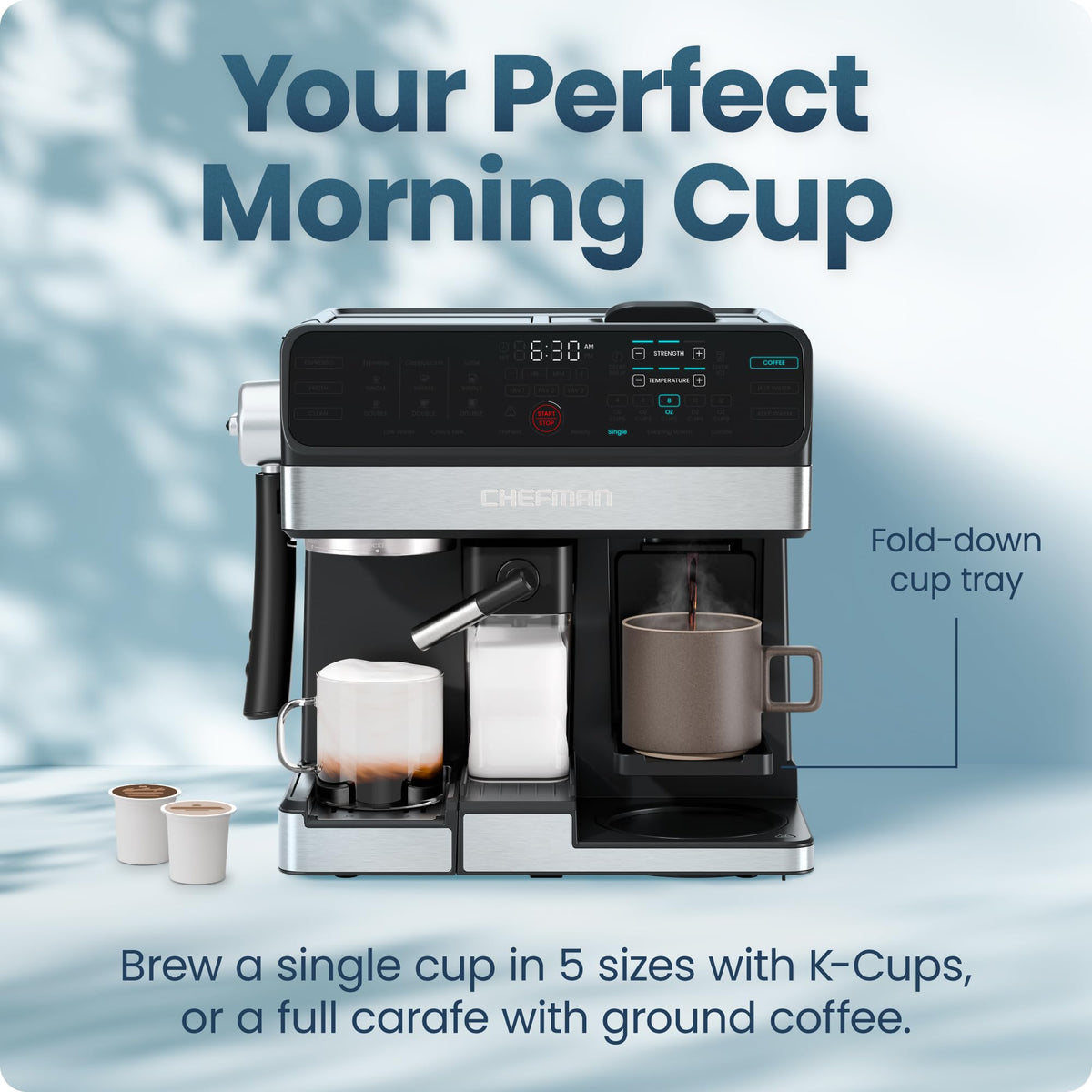 8-in-1 Espresso Machine with Milk Frother, 12-Cup Carafe, Black E900