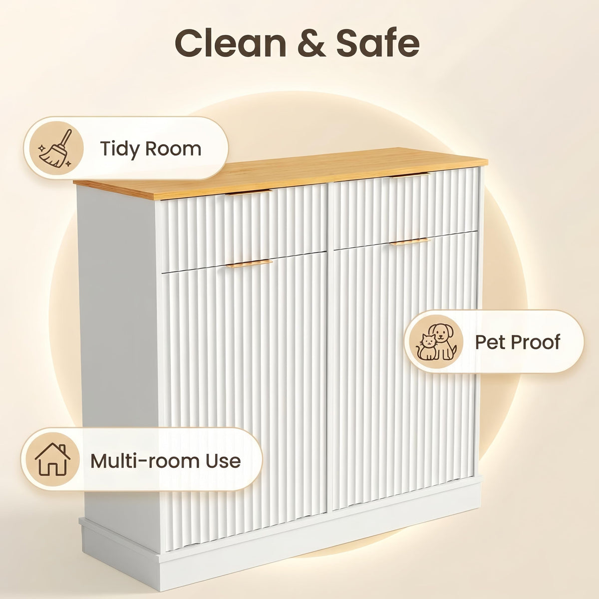 20 Gallon Double Tilt Out Wooden Trash Can Cabinet with Storage Drawers F73952