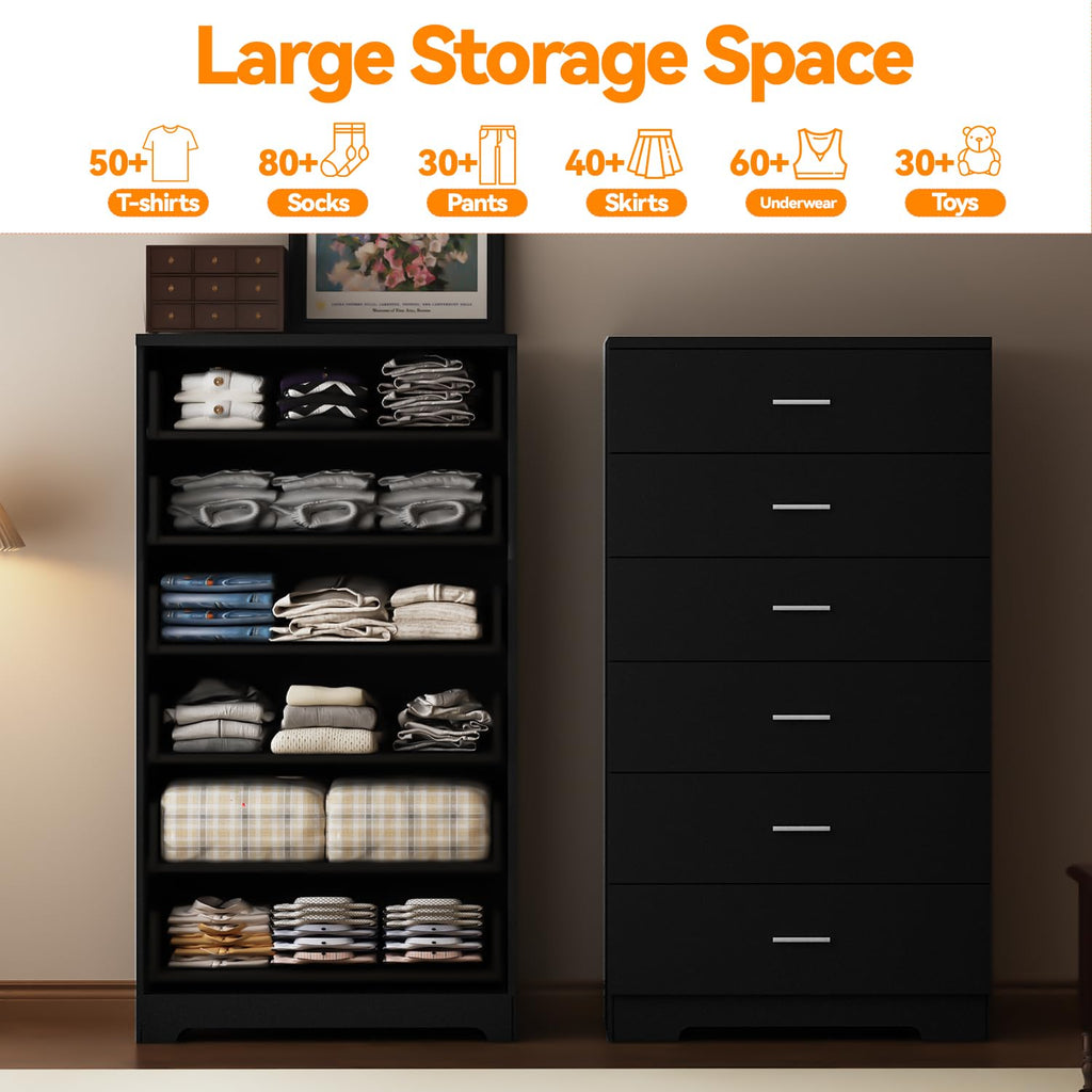 Black 6 Drawer Wood Dresser with Power Outlets H81819