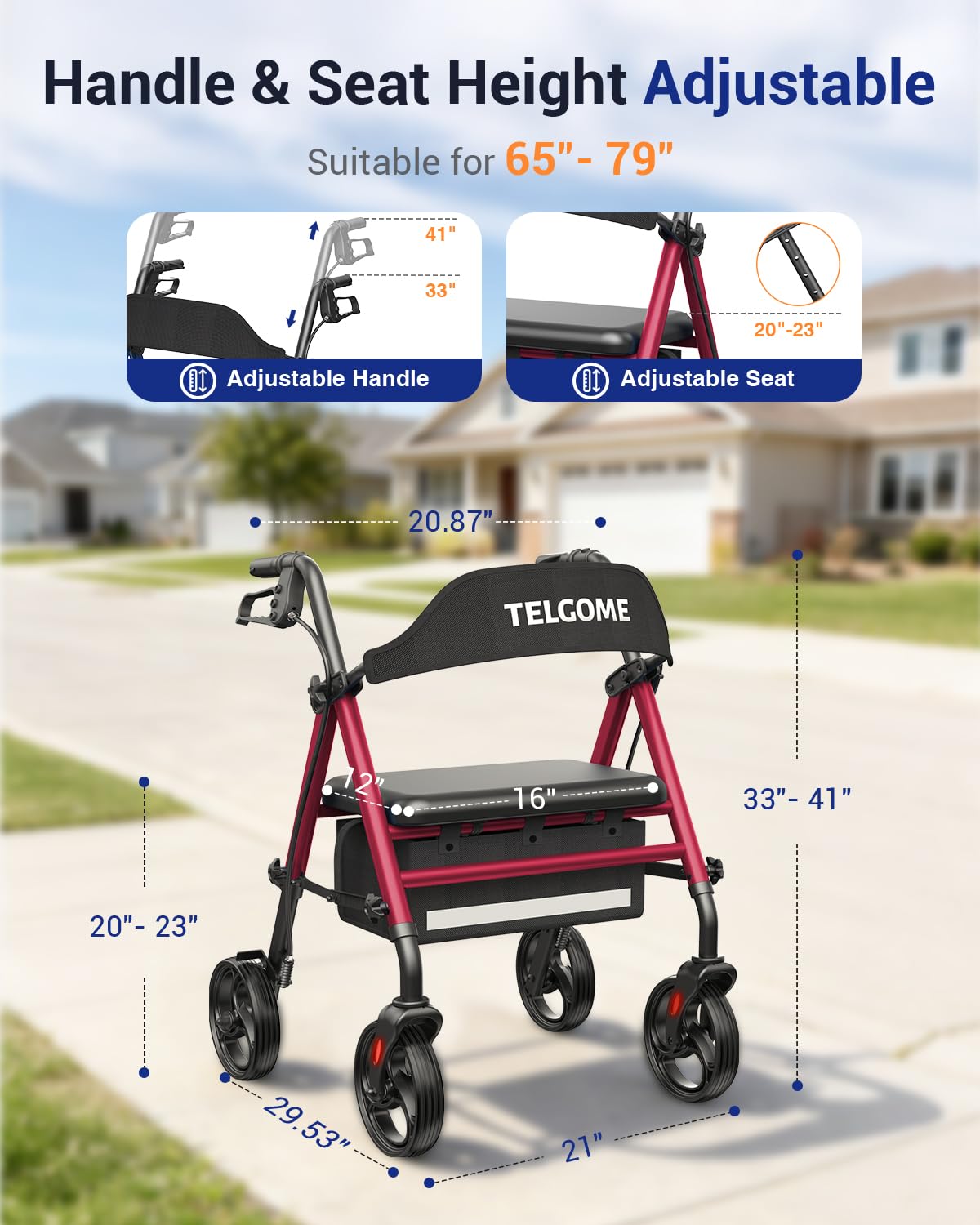 Red 350 lb Capacity Foldable Rollator Walker with Seat S499
