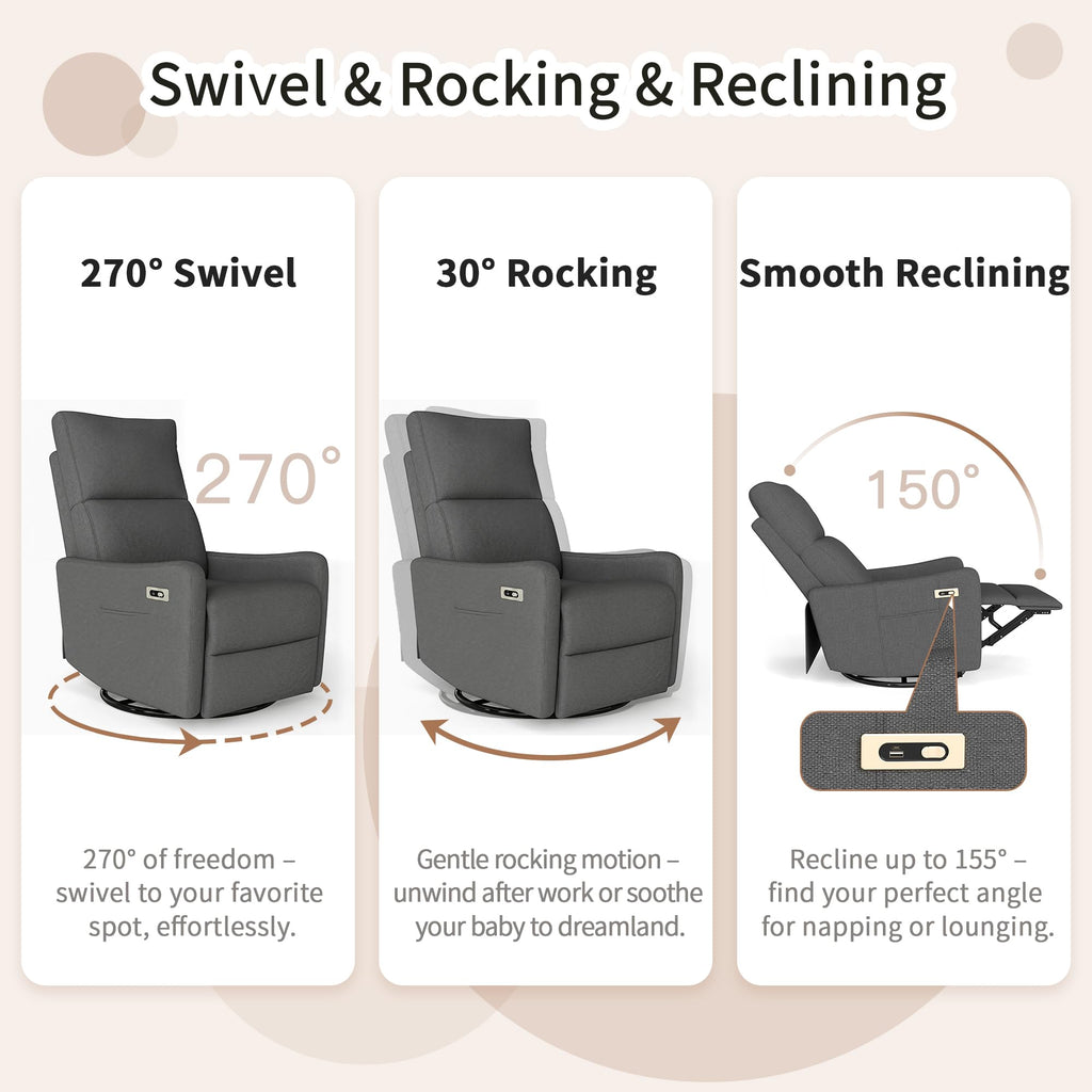 29" Electric Power Swivel Rocking Recliner Chair Dark Gray G917