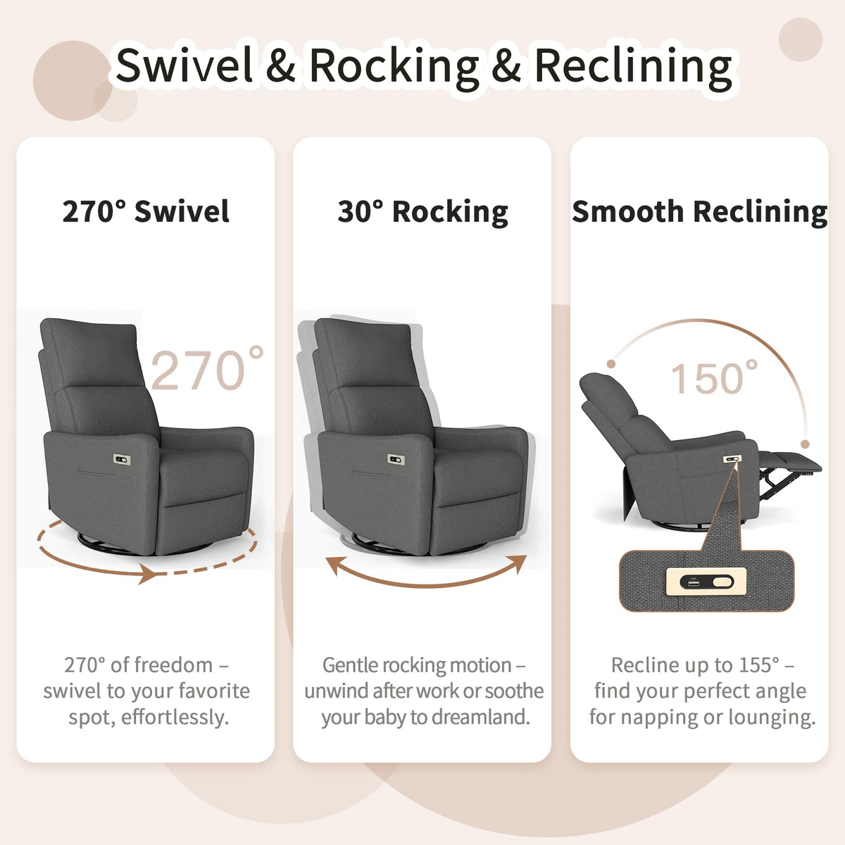 29" Electric Power Swivel Rocking Recliner Chair Dark Gray G917