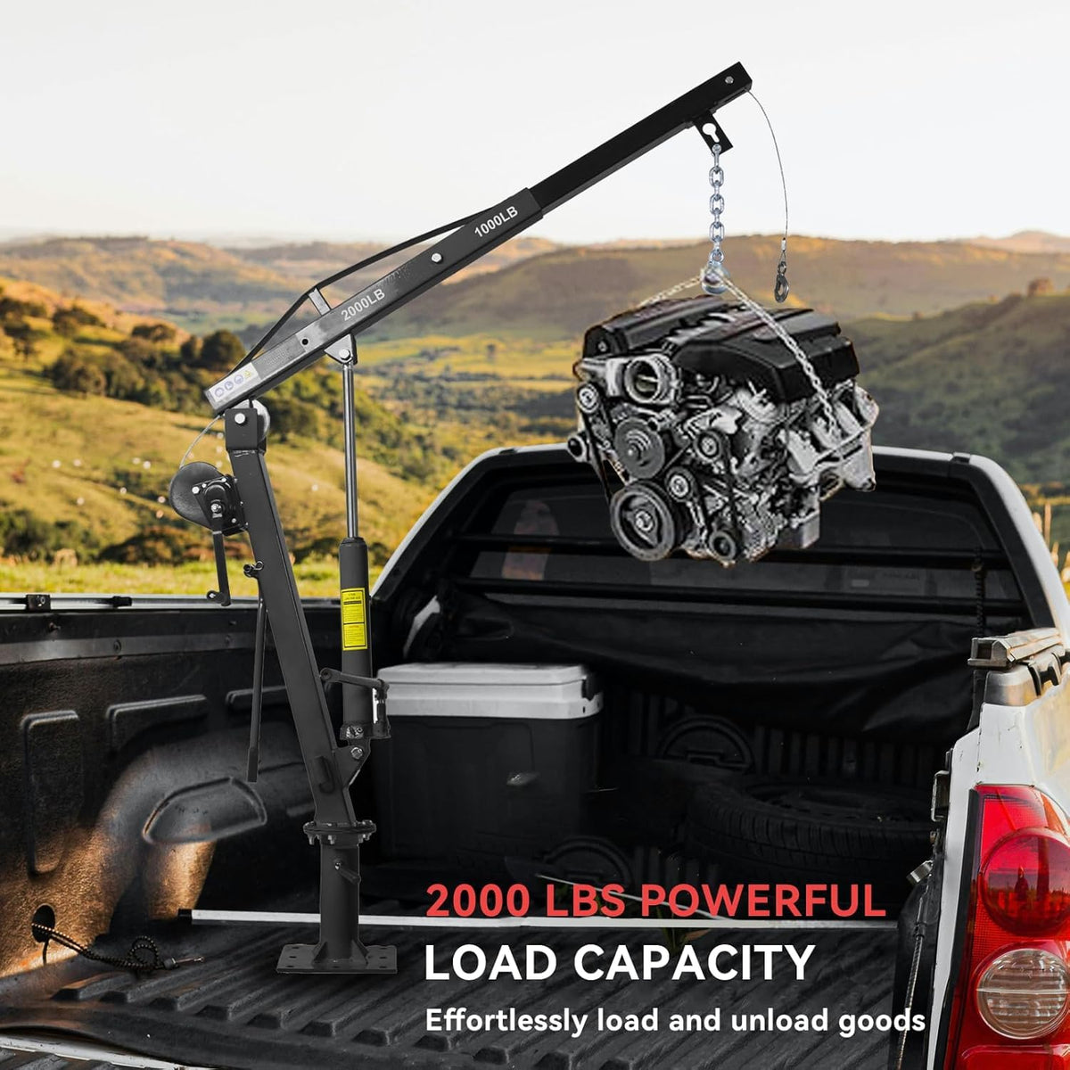 Hydraulic Pickup Truck Crane with Hand Winch, 2000 lb Capacity, 360° Rotation, Black K54541