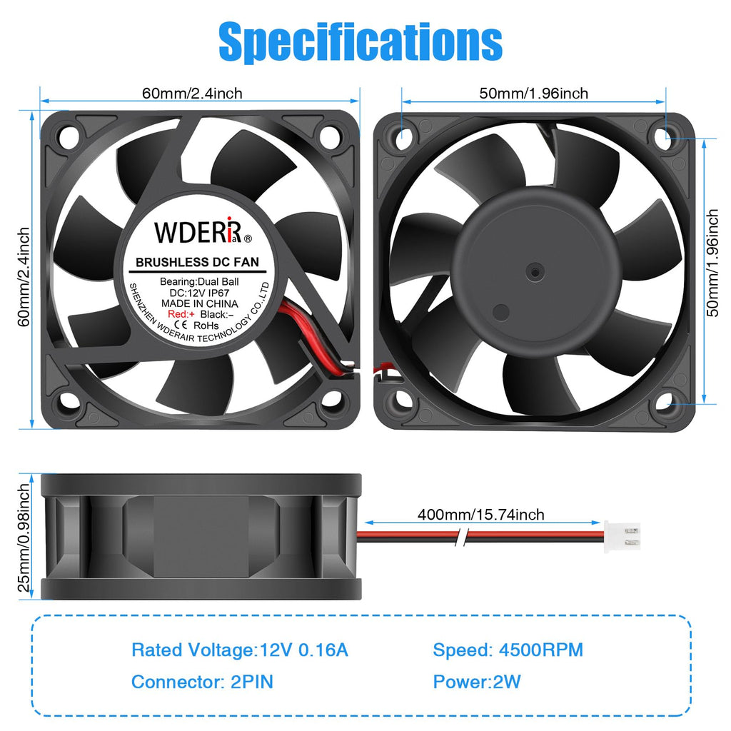 12V DC Brushless Cooling Fan 2PCS 60mm x 25mm Q724859