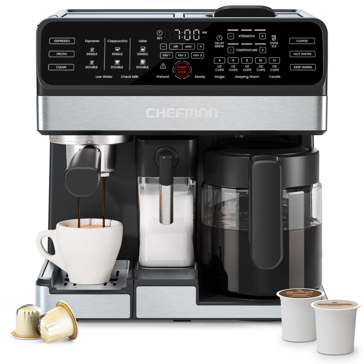 8-in-1 Espresso Machine with Milk Frother, 12-Cup Carafe, Black E900