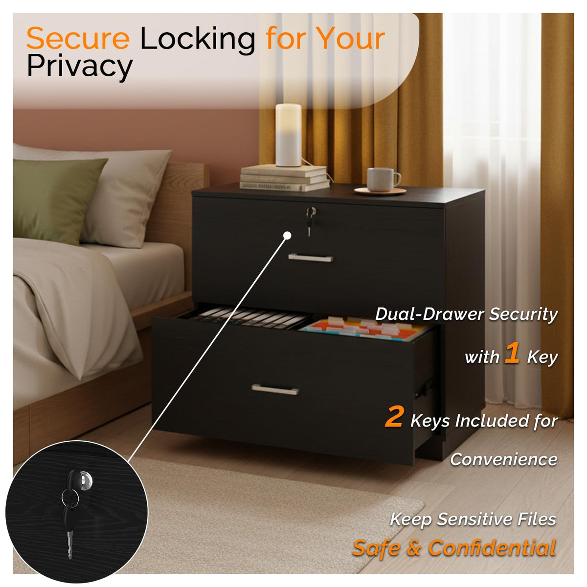 Black 2 Drawer Wood Lateral File Cabinet with Lock E387