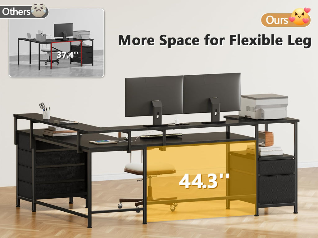 66'' L Shaped Gaming Desk with 6 Drawers, LED, Outlets, Black M9903