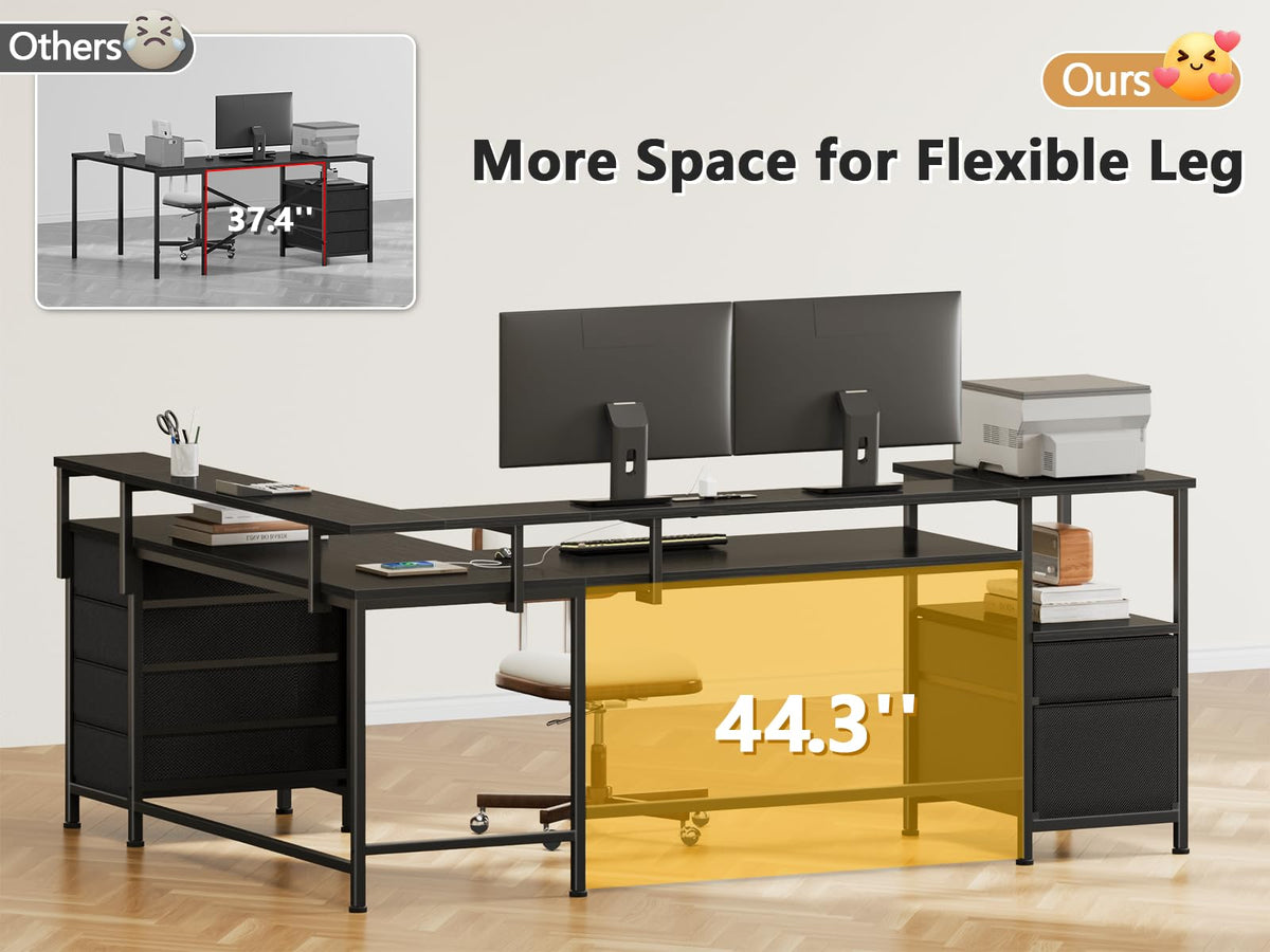 66'' L Shaped Gaming Desk with 6 Drawers, LED, Outlets, Black M9903