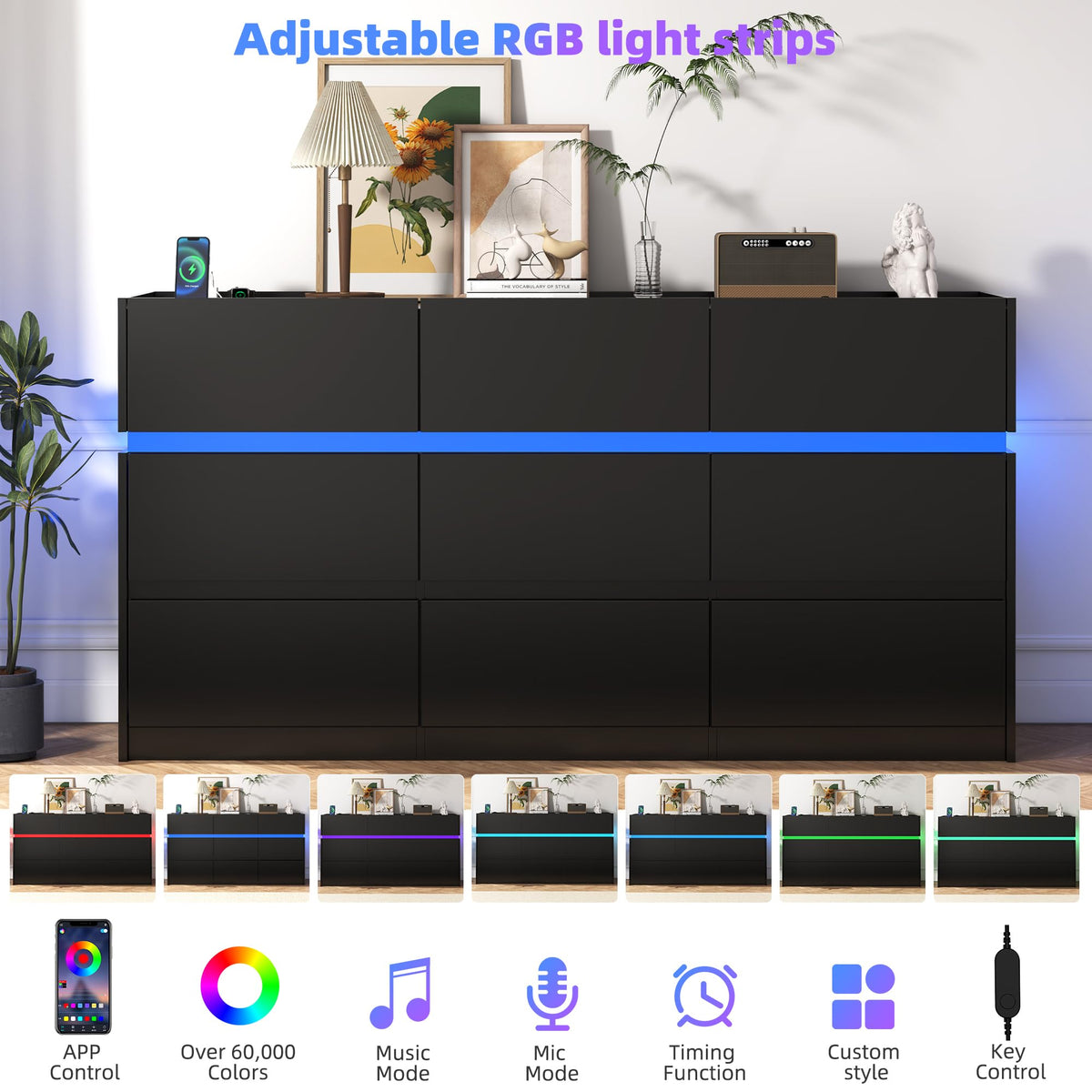 Black 9 Drawer Dresser with Charging Station and LED Lights Q105042