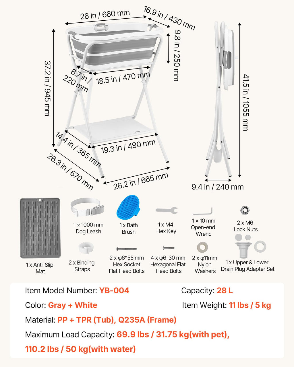 Elevated Collapsible Pet Bathtub with Drain Hose Q637594