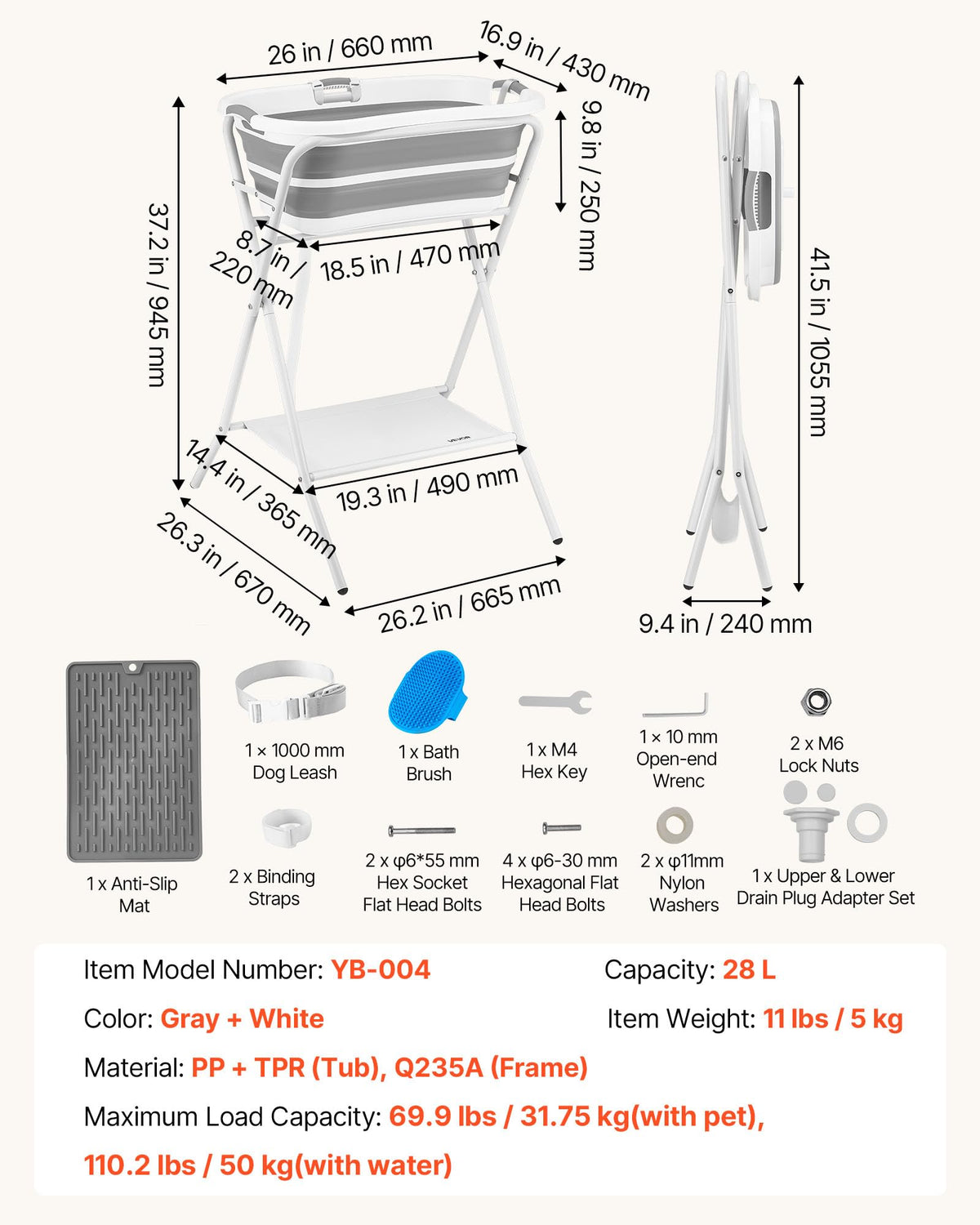 Elevated Collapsible Pet Bathtub with Drain Hose Q637594