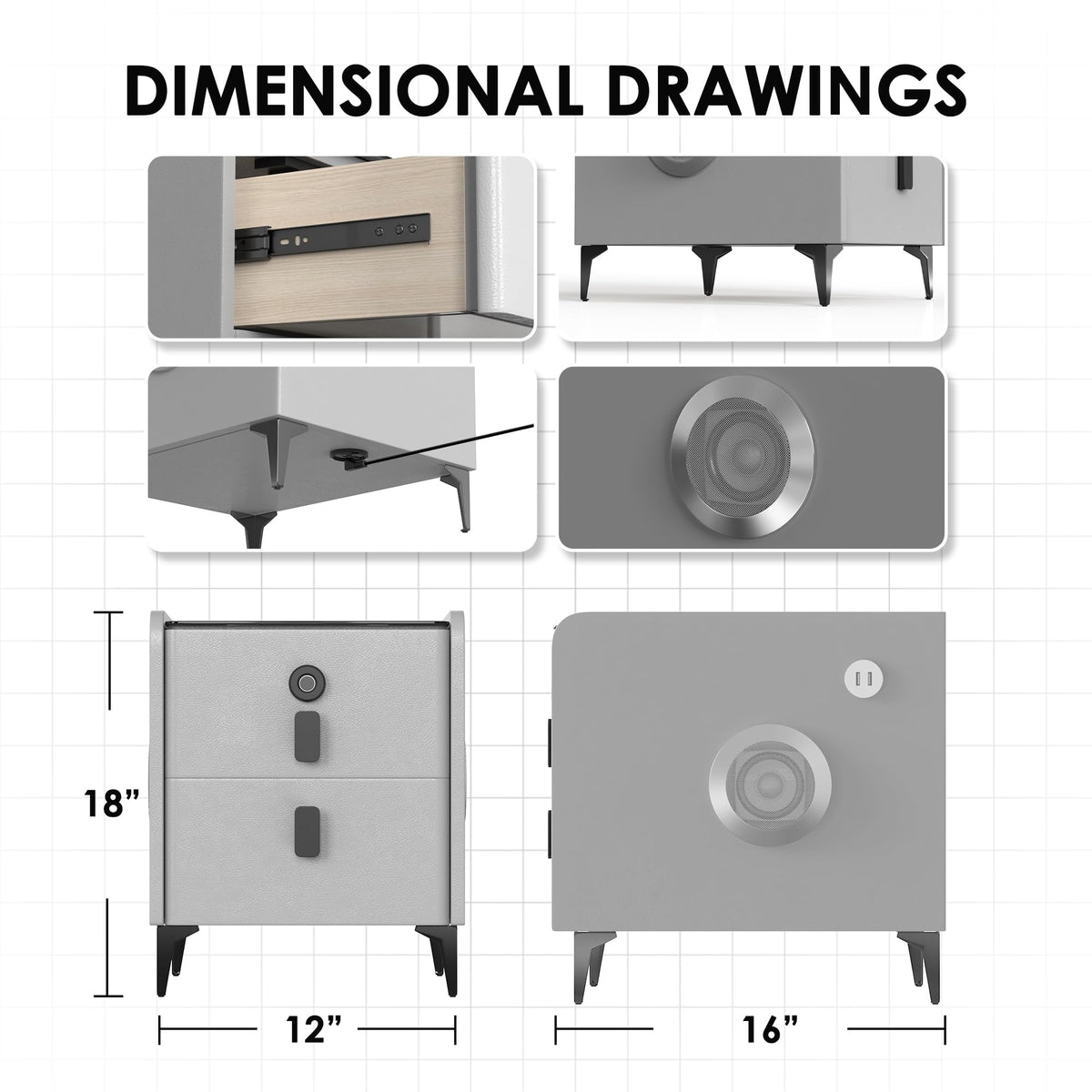 Grey 2 Drawer Nightstand with Wireless Charging Station Y614