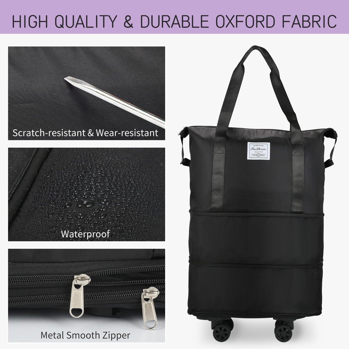Expandable Rolling Duffle Bag with Wheels, 18L to 30L, Black X962130