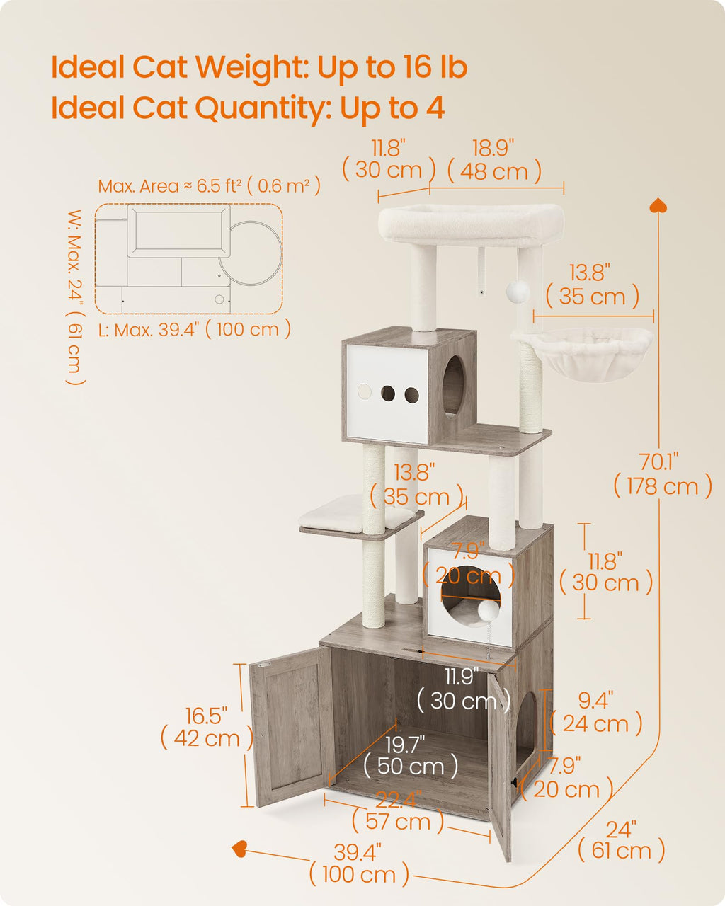 70.1-Inch Tall Cat Tree with Litter Box Enclosure P98338