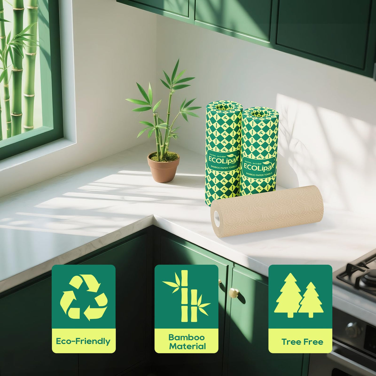 Bamboo Paper Towels, 8 Rolls, 2 Ply 120 Sheets Q58432