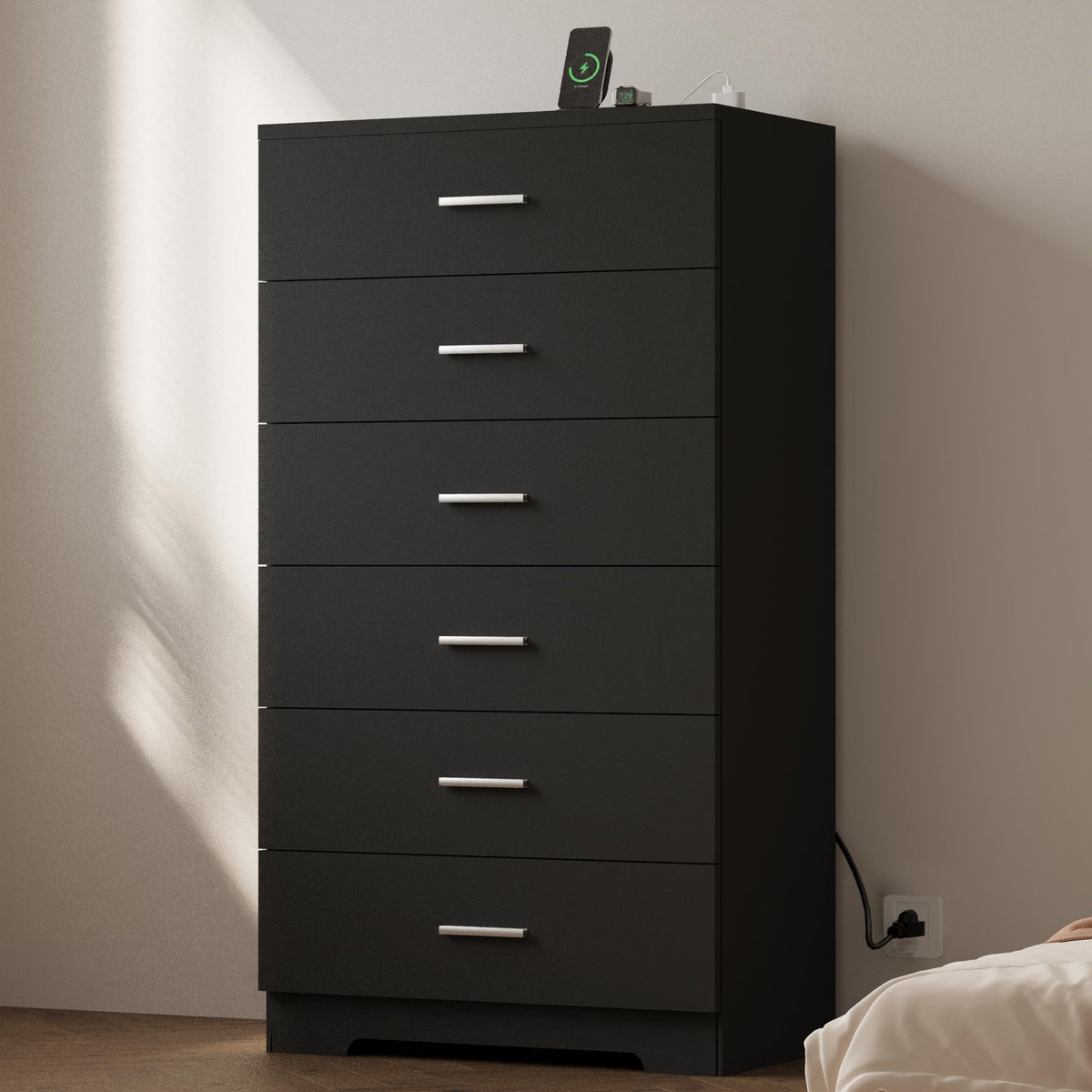 Black 6 Drawer Wood Dresser with Power Outlets H81819