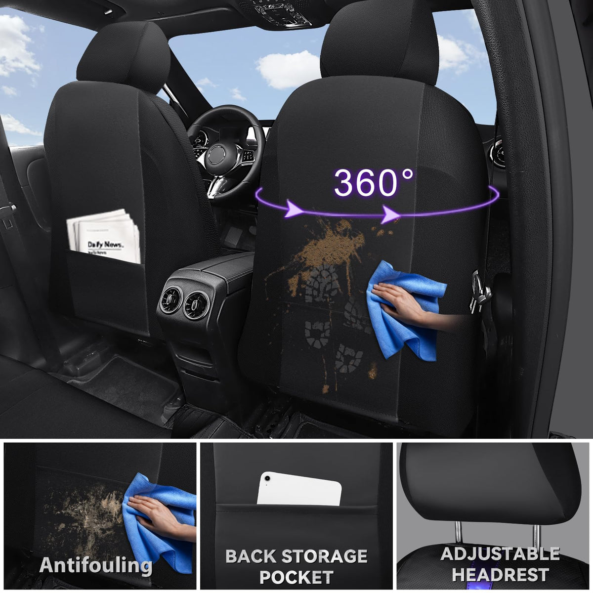 Black Nappa Leather Car Seat Covers Full Set Y660792